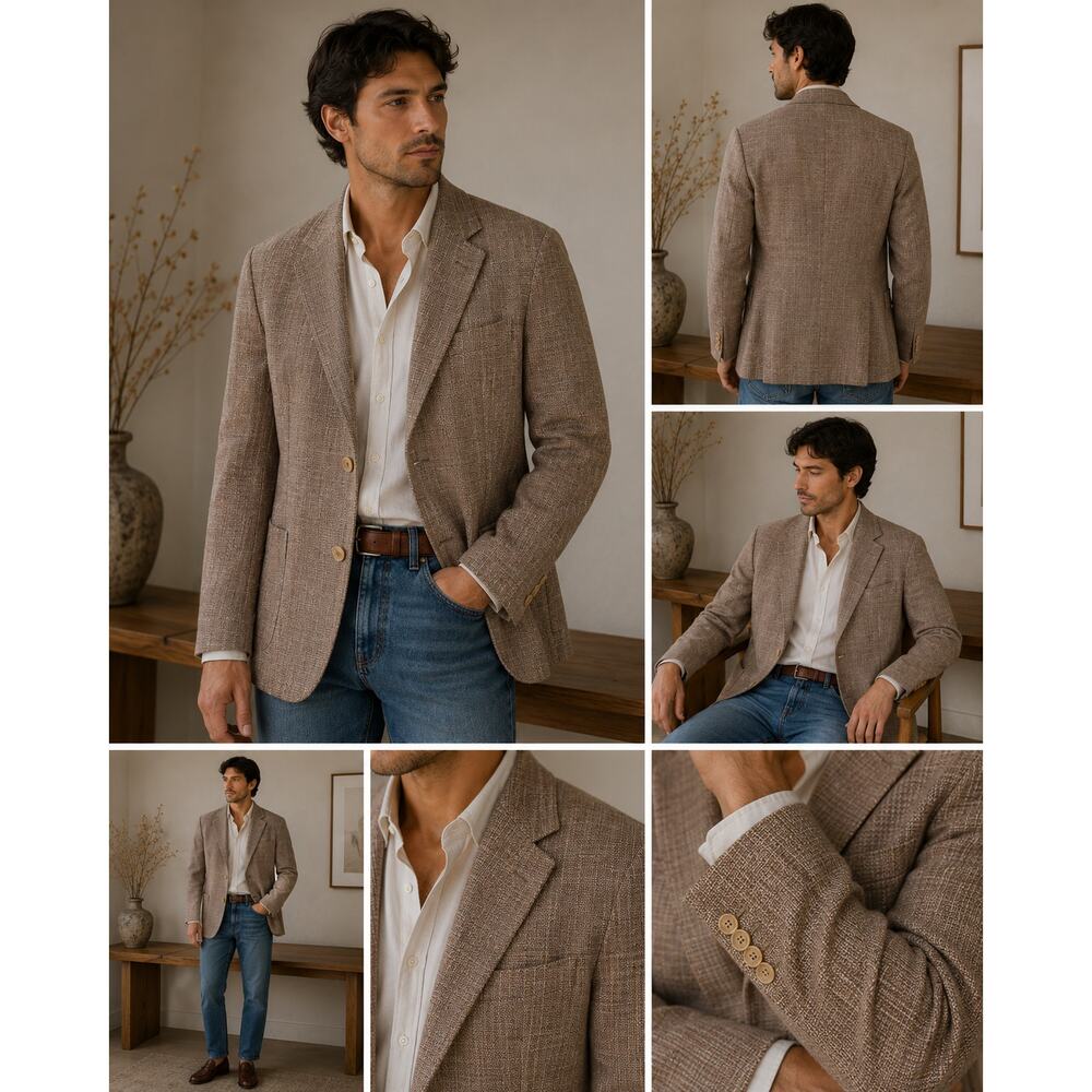 Territory Ahead 100% Silk Blazer Mens XL Tan Woven Sport Coat Coastal Summer